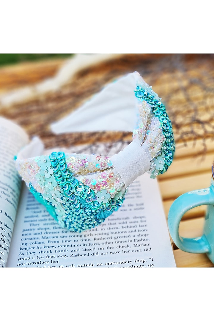 White Italian Crepe Embroidered Hairband by Diya Aswani at Pernia's Pop Up Shop