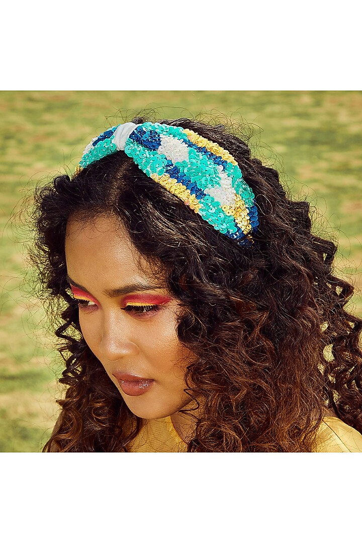 Multi-Colored Italian Crepe Embroidered Hairband by Diya Aswani at Pernia's Pop Up Shop