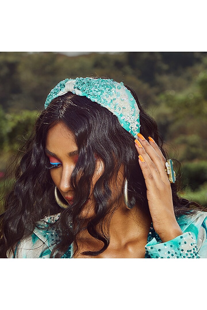 Blue Organza Embroidered Hairband by Diya Aswani at Pernia's Pop Up Shop