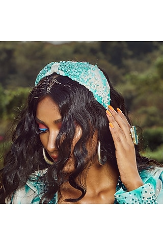 Blue Organza Embroidered Hairband by Diya Aswani