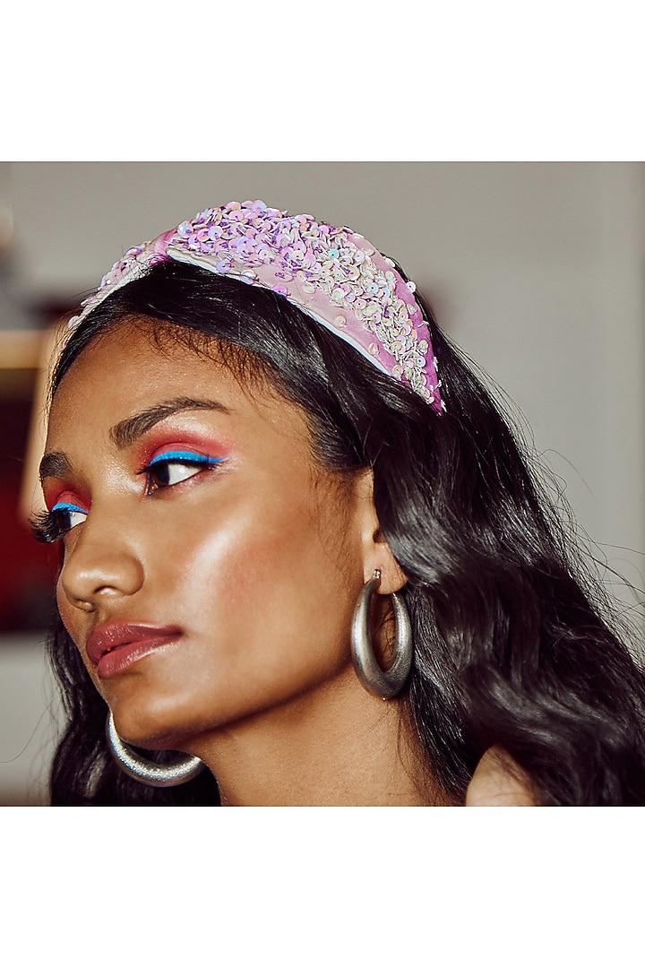 Lilac Italian Crepe Embroidered Hairband by Diya Aswani at Pernia's Pop Up Shop