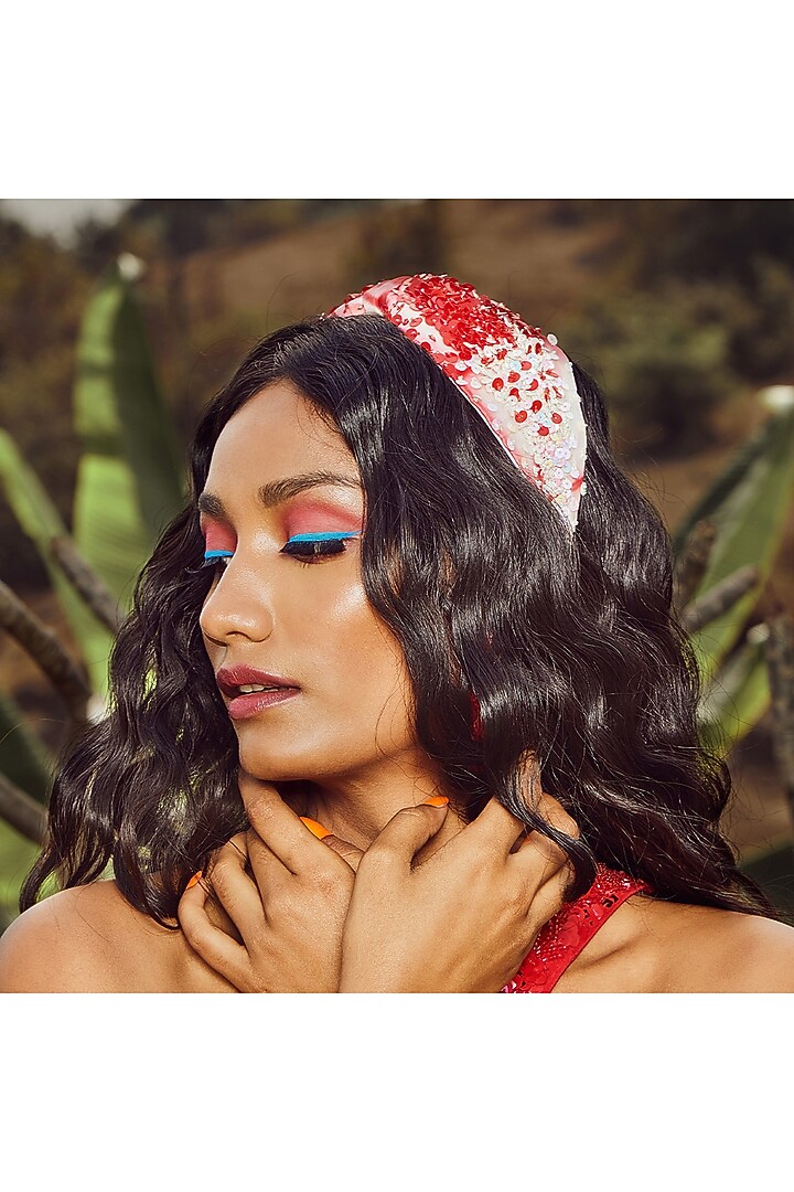 Red Organza Embroidered Hairband by Diya Aswani at Pernia's Pop Up Shop