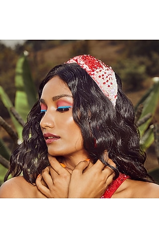 Red Organza Embroidered Hairband by Diya Aswani