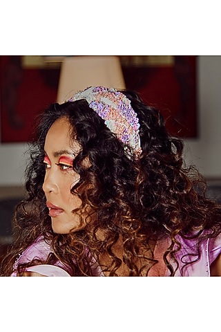 Multi-Colored Italian Crepe Embroidered Hairband by Diya Aswani