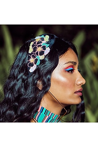 Black Italian Crepe Embroidered Hairband by Diya Aswani