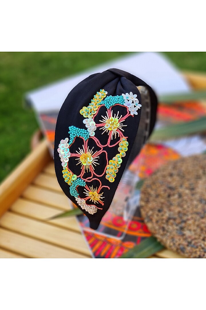 Black Italian Crepe Embroidered Hairband by Diya Aswani at Pernia's Pop Up Shop
