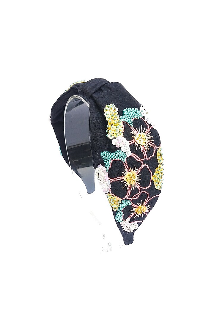 Black Italian Crepe Embroidered Hairband by Diya Aswani at Pernia's Pop Up Shop