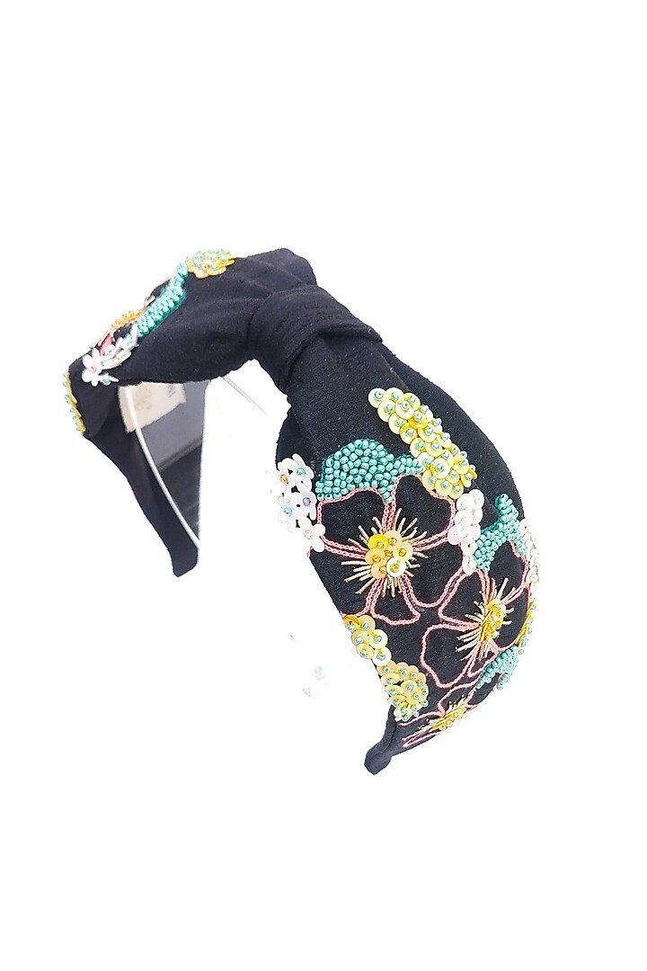 Black Italian Crepe Embroidered Hairband by Diya Aswani at Pernia's Pop Up Shop