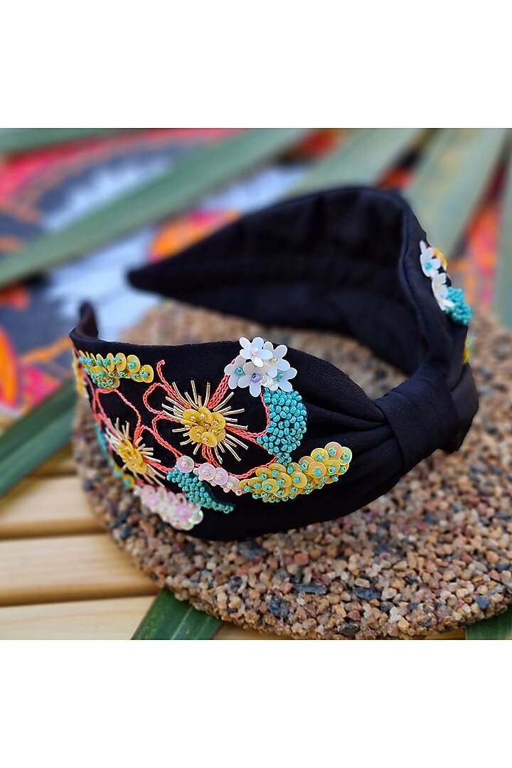 Black Italian Crepe Embroidered Hairband by Diya Aswani at Pernia's Pop Up Shop