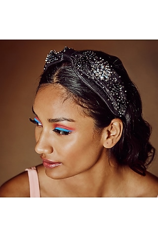 Black Shimmer Fabric Embroidered Hairband by Diya Aswani