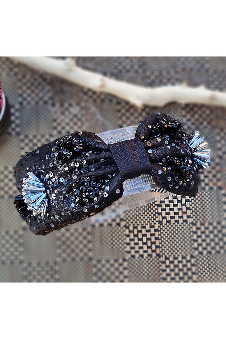 Black Shimmer Fabric Embroidered Hairband by Diya Aswani at Pernia's Pop Up Shop