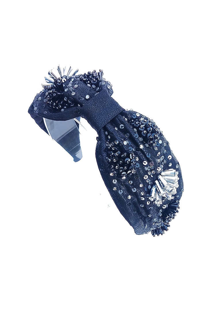 Black Shimmer Fabric Embroidered Hairband by Diya Aswani at Pernia's Pop Up Shop