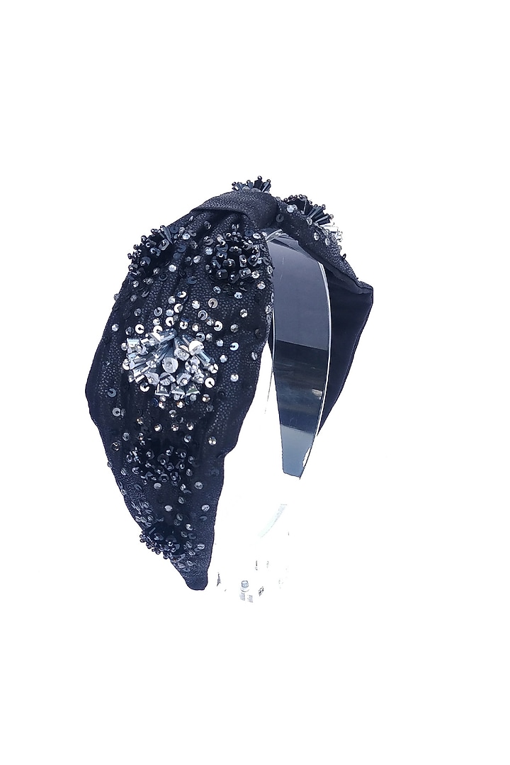 Black Shimmer Fabric Embroidered Hairband by Diya Aswani at Pernia's Pop Up Shop