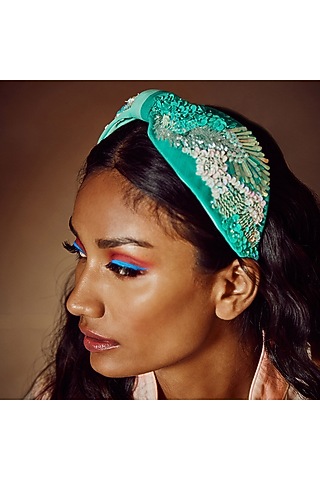 Green Korean Fabric Embroidered Hairband by Diya Aswani