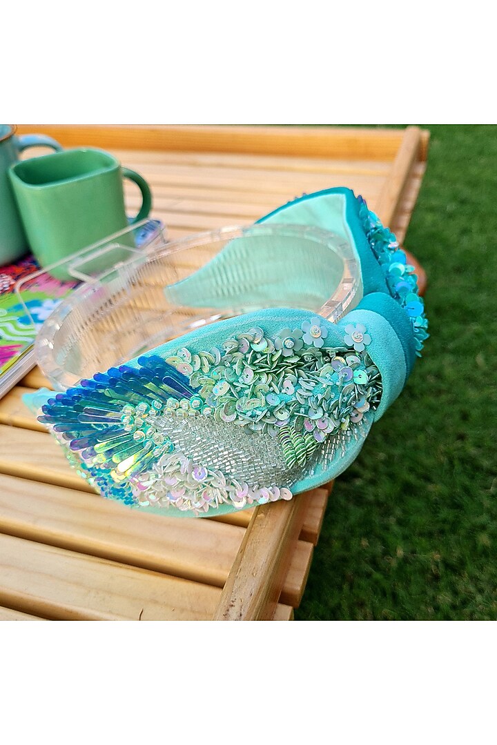 Green Korean Fabric Embroidered Hairband by Diya Aswani at Pernia's Pop Up Shop