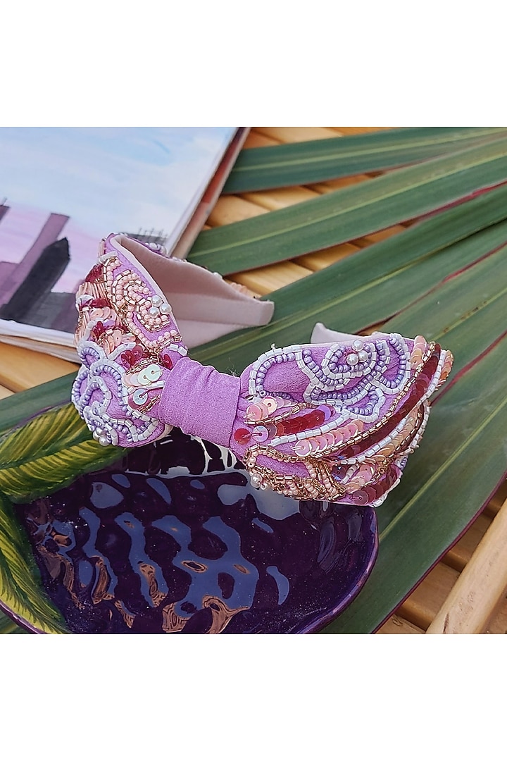 Lilac Italian Crepe Embroidered Hairband by Diya Aswani at Pernia's Pop Up Shop