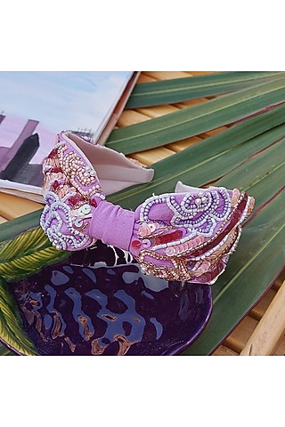 Lilac Italian Crepe Embroidered Hairband by Diya Aswani