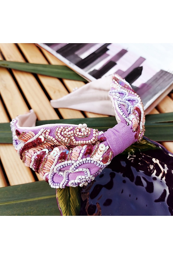 Lilac Italian Crepe Embroidered Hairband by Diya Aswani at Pernia's Pop Up Shop