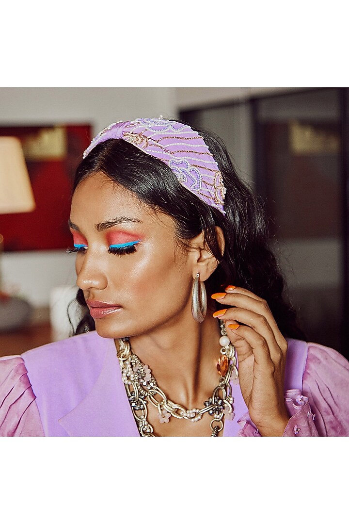 Lilac Italian Crepe Embroidered Hairband by Diya Aswani at Pernia's Pop Up Shop