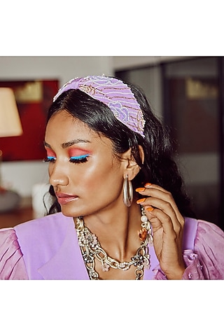 Lilac Italian Crepe Embroidered Hairband by Diya Aswani