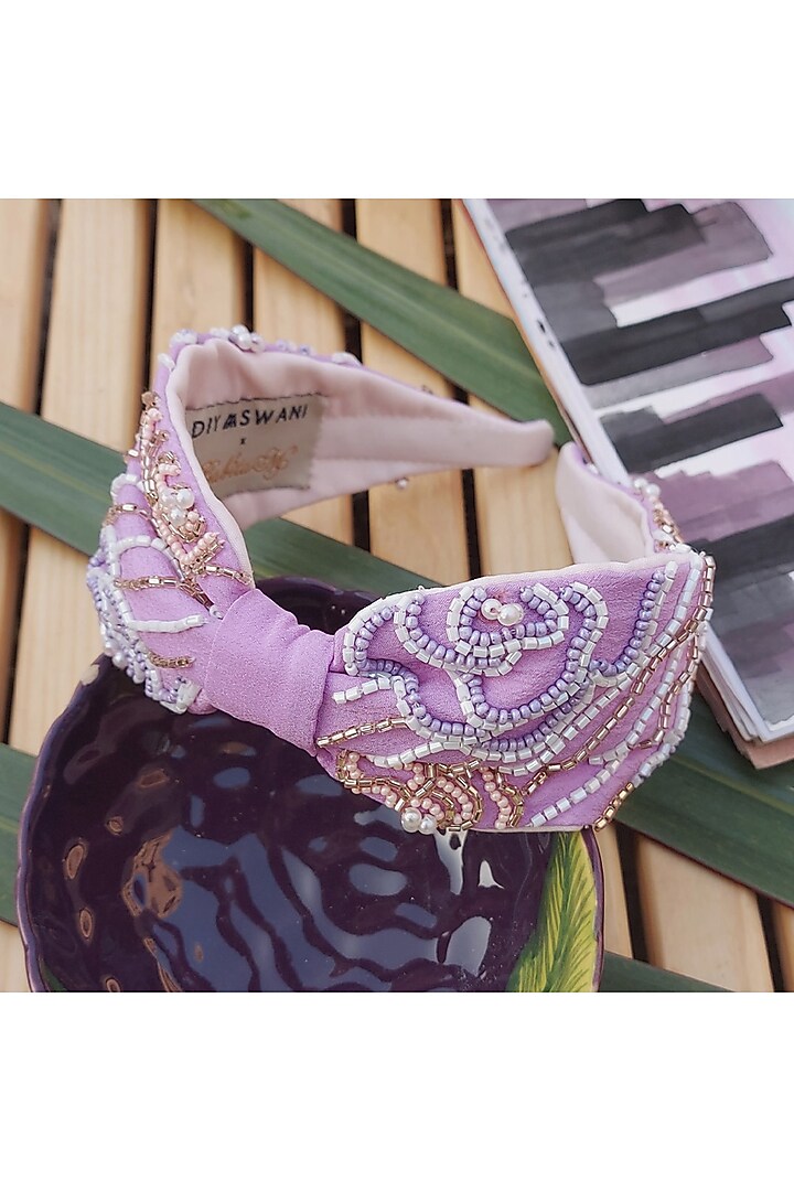 Lilac Italian Crepe Embroidered Hairband by Diya Aswani at Pernia's Pop Up Shop