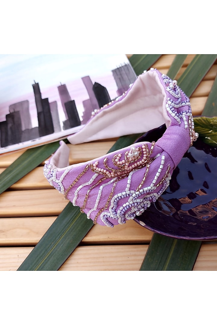 Lilac Italian Crepe Embroidered Hairband by Diya Aswani at Pernia's Pop Up Shop