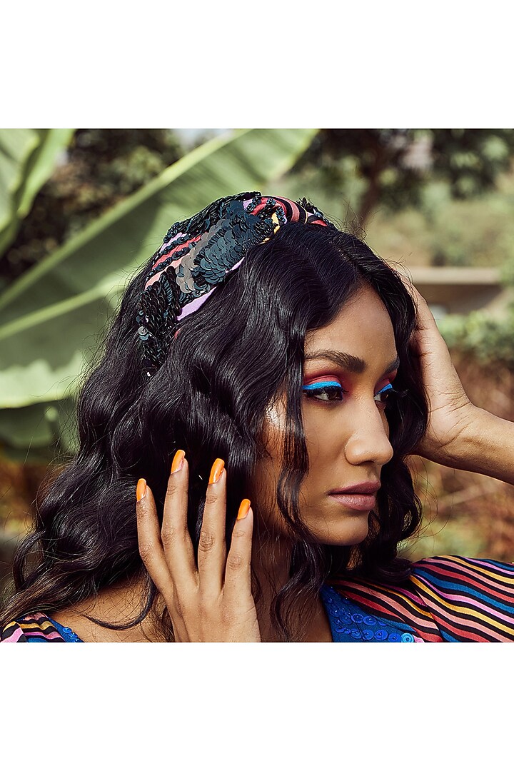 Multi-Colored Italian Crepe Embroidered Hairband by Diya Aswani at Pernia's Pop Up Shop