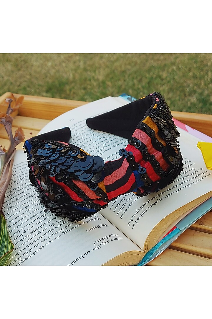 Multi-Colored Italian Crepe Embroidered Hairband by Diya Aswani at Pernia's Pop Up Shop