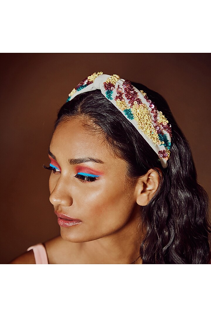 Multi-Colored Italian Crepe Embroidered Hairband by Diya Aswani at Pernia's Pop Up Shop