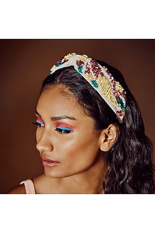 Multi-Colored Italian Crepe Embroidered Hairband by Diya Aswani