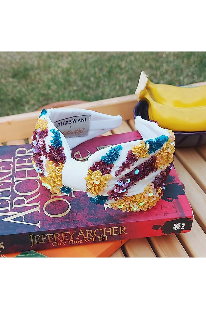 Multi-Colored Italian Crepe Embroidered Hairband by Diya Aswani at Pernia's Pop Up Shop
