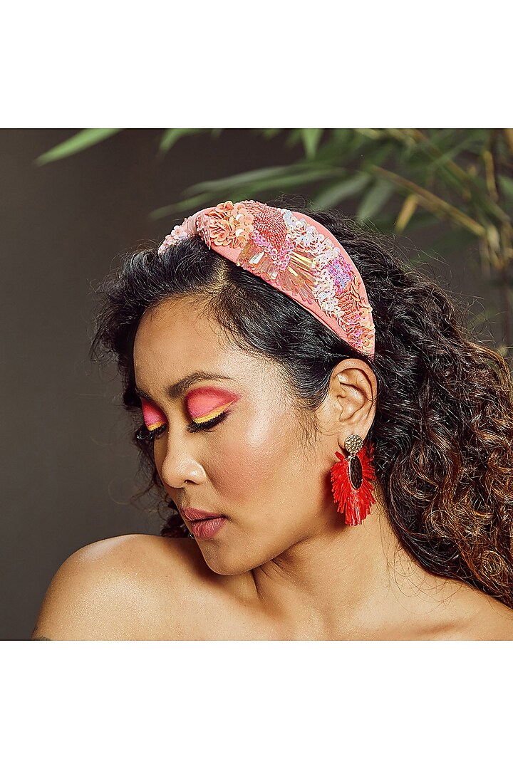 Peach Korean Fabric Embroidered Hairband by Diya Aswani at Pernia's Pop Up Shop