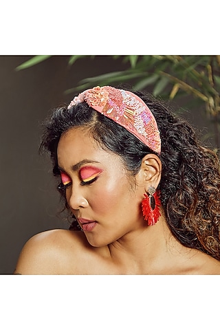 Peach Korean Fabric Embroidered Hairband by Diya Aswani