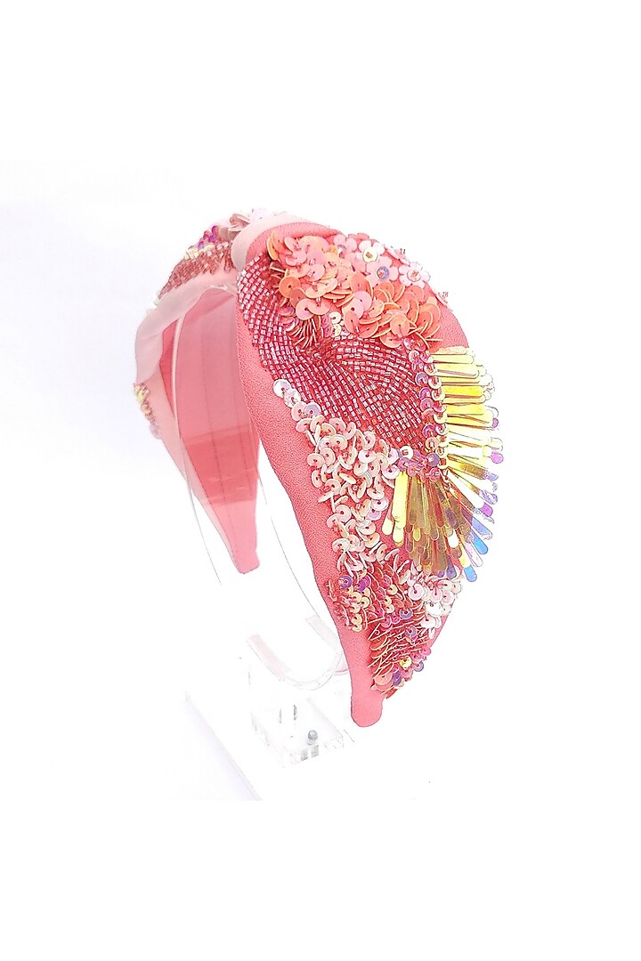 Peach Korean Fabric Embroidered Hairband by Diya Aswani at Pernia's Pop Up Shop