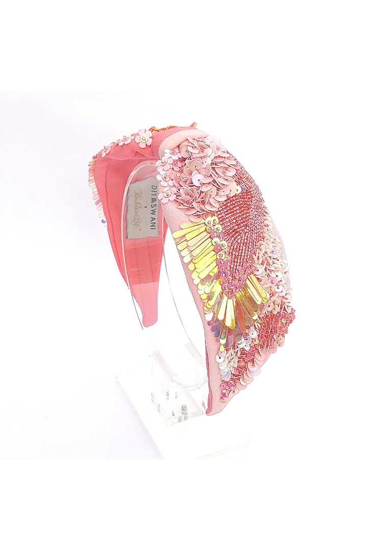 Peach Korean Fabric Embroidered Hairband by Diya Aswani at Pernia's Pop Up Shop