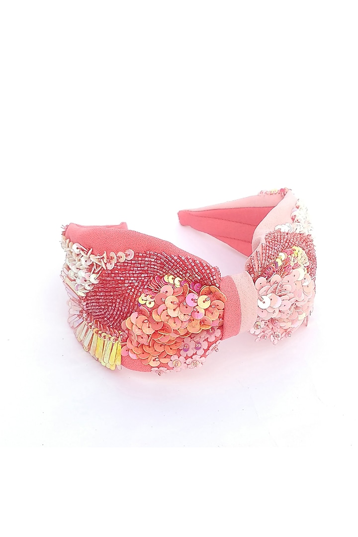 Peach Korean Fabric Embroidered Hairband by Diya Aswani at Pernia's Pop Up Shop