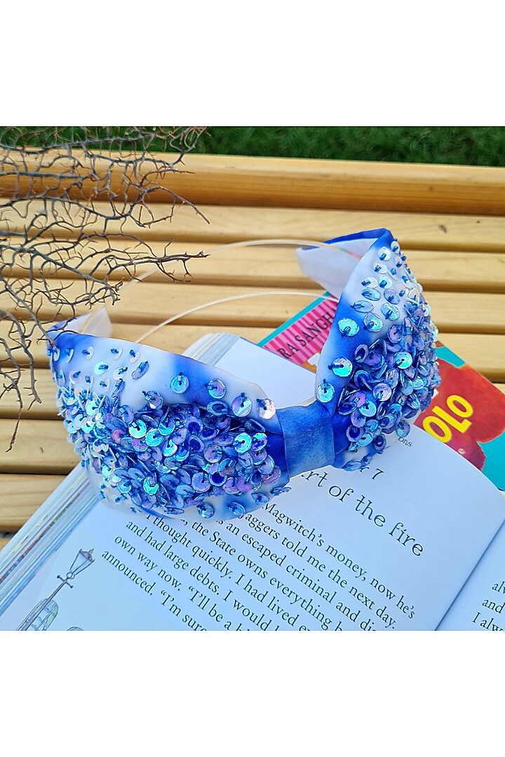 Pristine Royal Blue Organza Embroidered Hairband by Diya Aswani at Pernia's Pop Up Shop