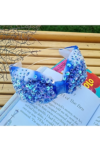 Pristine Royal Blue Organza Embroidered Hairband by Diya Aswani