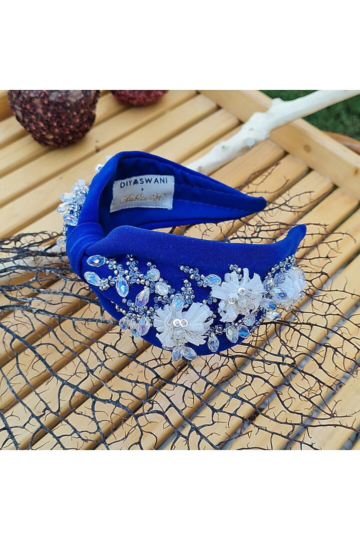 Blue Korean Fabric Embroidered Hairband by Diya Aswani at Pernia's Pop Up Shop