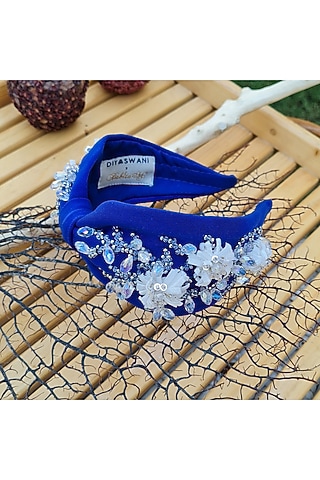 Blue Korean Fabric Embroidered Hairband by Diya Aswani