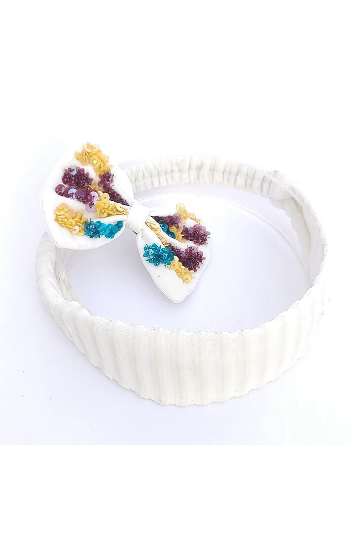 White Italian Crepe Embroidered Hairband by Diya Aswani at Pernia's Pop Up Shop