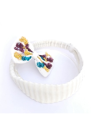 White Italian Crepe Embroidered Hairband by Diya Aswani