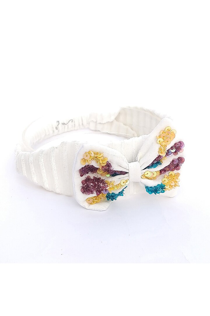 White Italian Crepe Embroidered Hairband by Diya Aswani at Pernia's Pop Up Shop