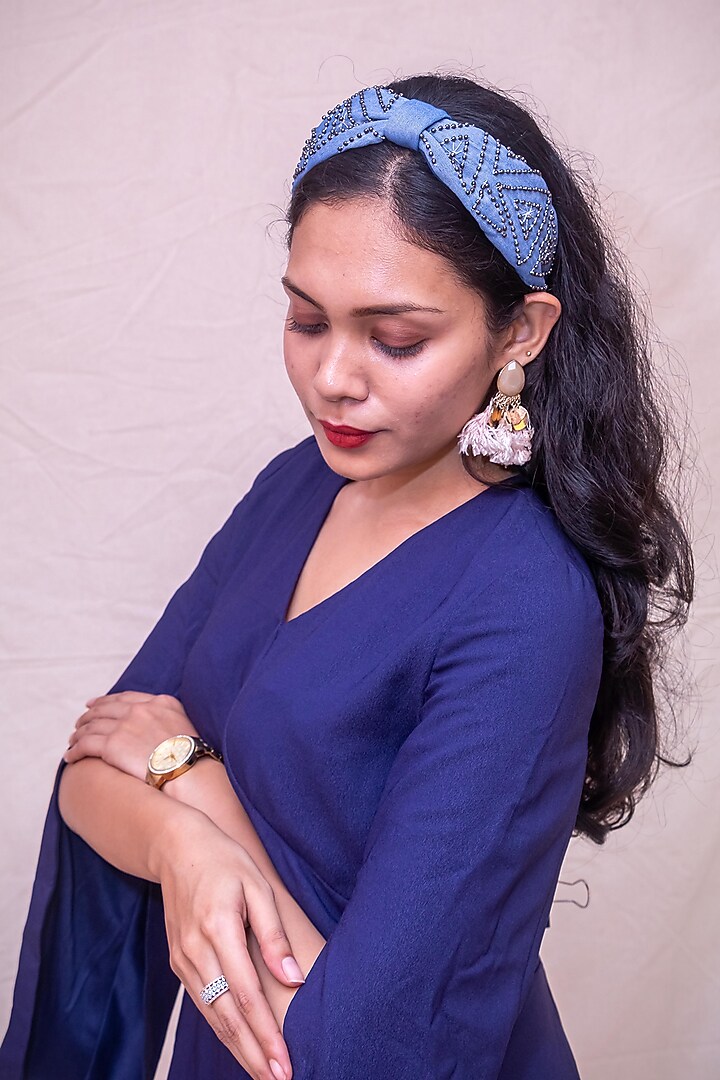 Blue Cotton Denim Metallic Pearl Hairband Cum Bandana by Diya Aswani at Pernia's Pop Up Shop