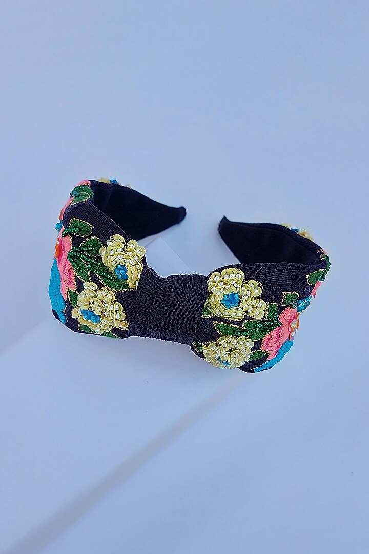 Black Banana Crepe 3D Embroidered Blooming Bird Hairband by Diya Aswani at Pernia's Pop Up Shop