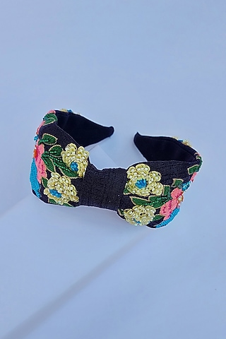 Black Banana Crepe 3D Embroidered Blooming Bird Hairband by Diya Aswani