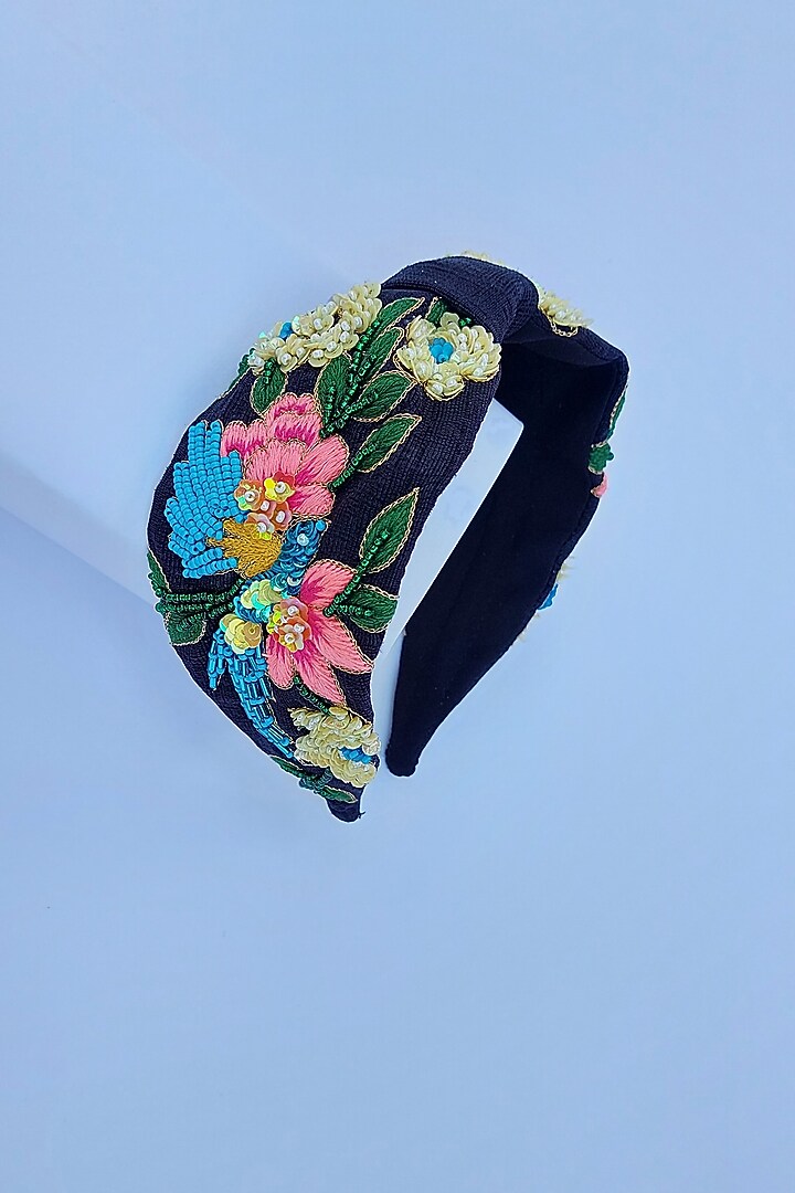 Black Banana Crepe 3D Embroidered Blooming Bird Hairband by Diya Aswani at Pernia's Pop Up Shop