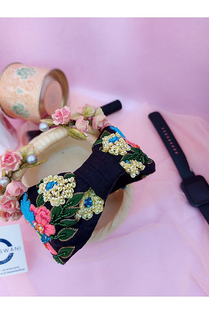 Black Banana Crepe 3D Embroidered Blooming Bird Hairband by Diya Aswani at Pernia's Pop Up Shop