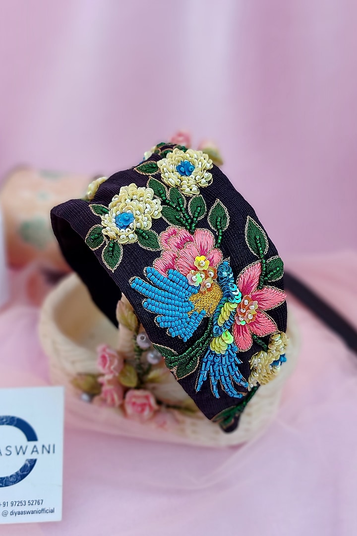 Black Banana Crepe 3D Embroidered Blooming Bird Hairband by Diya Aswani at Pernia's Pop Up Shop