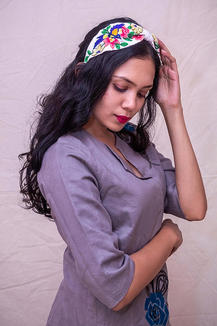 Off-White Banana Crepe 3D Embroidered Blooming Bird Hairband by Diya Aswani at Pernia's Pop Up Shop